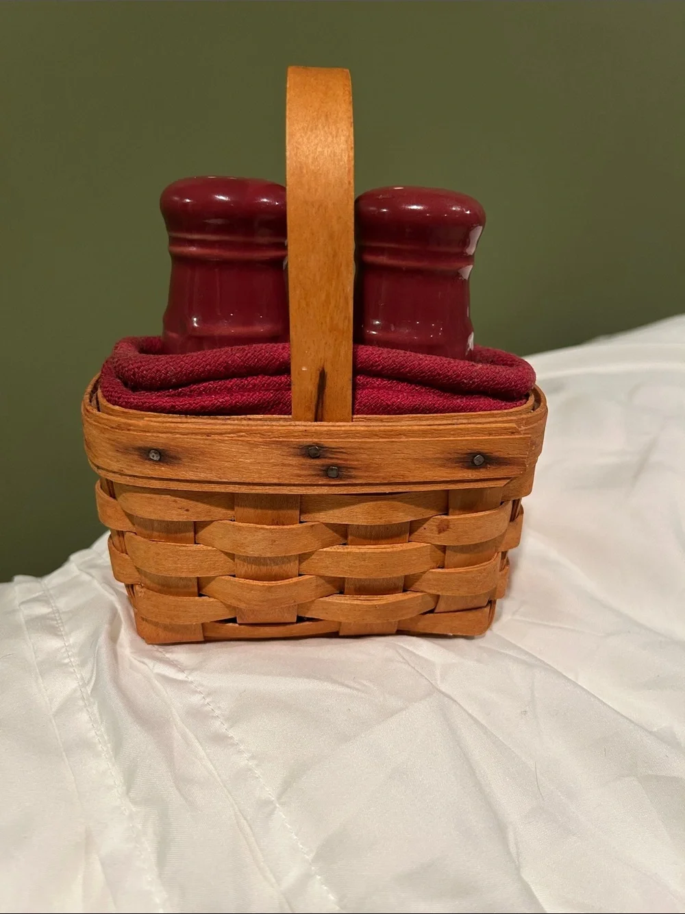 Longaberger Red Ceramic Shakers in Classic Woven Basket
